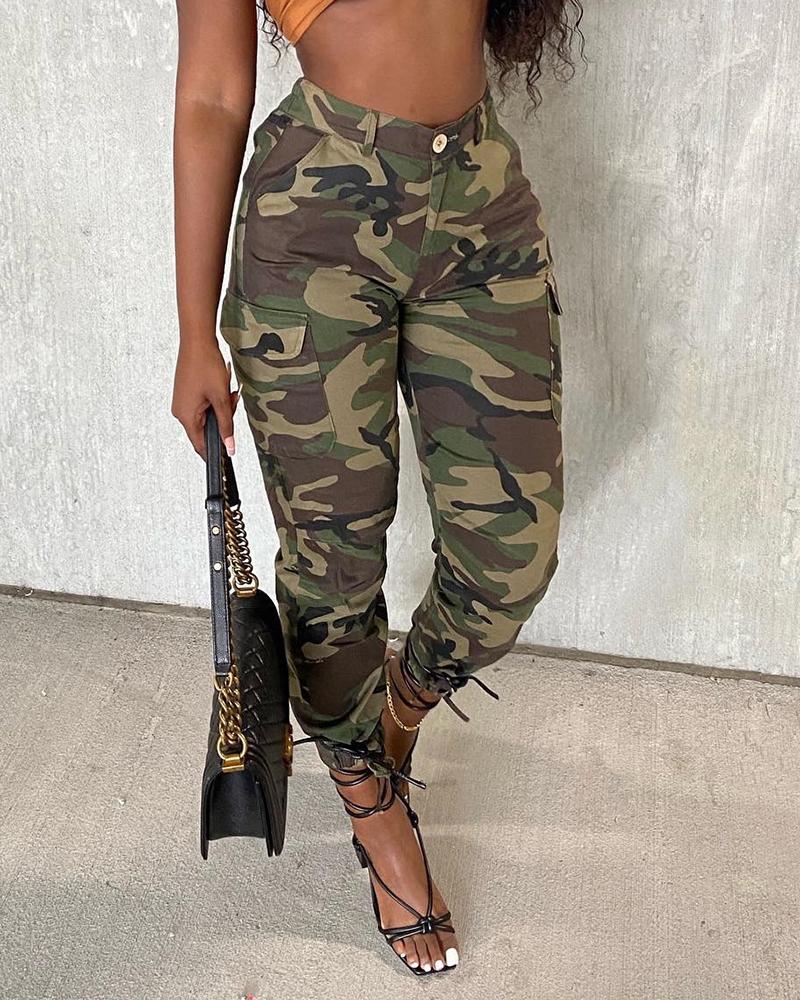 

Camouflage Print Button Pocket Design Cargo Pants, Camoflage