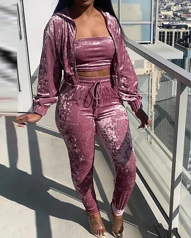 

Velvet Bandeau Top & Drawstring Pants Set With Hooded Coat, Pink