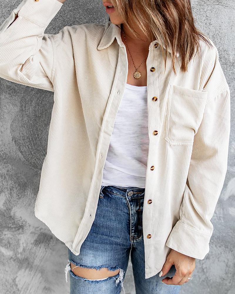 

Button Pocket Design Corduroy Long Sleeve Shacket, Beige