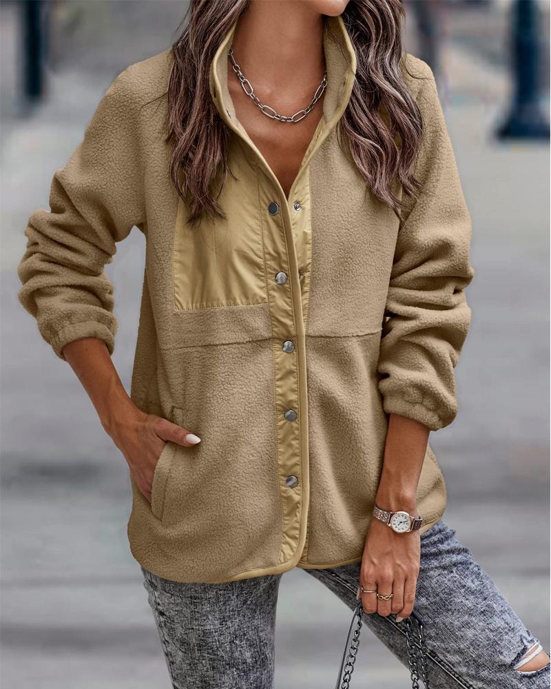 

Long Sleeve Button Front Teddy Coat, Khaki