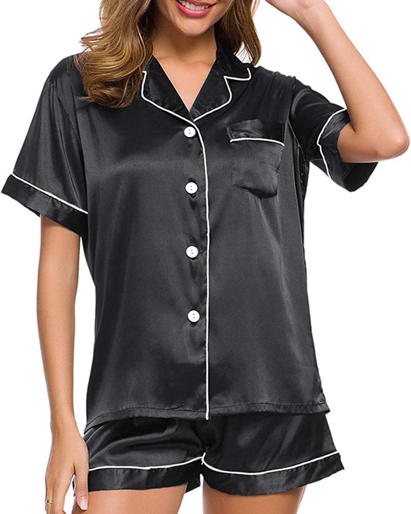 

Colorblock Satin Button Design Pajamas Set, Black