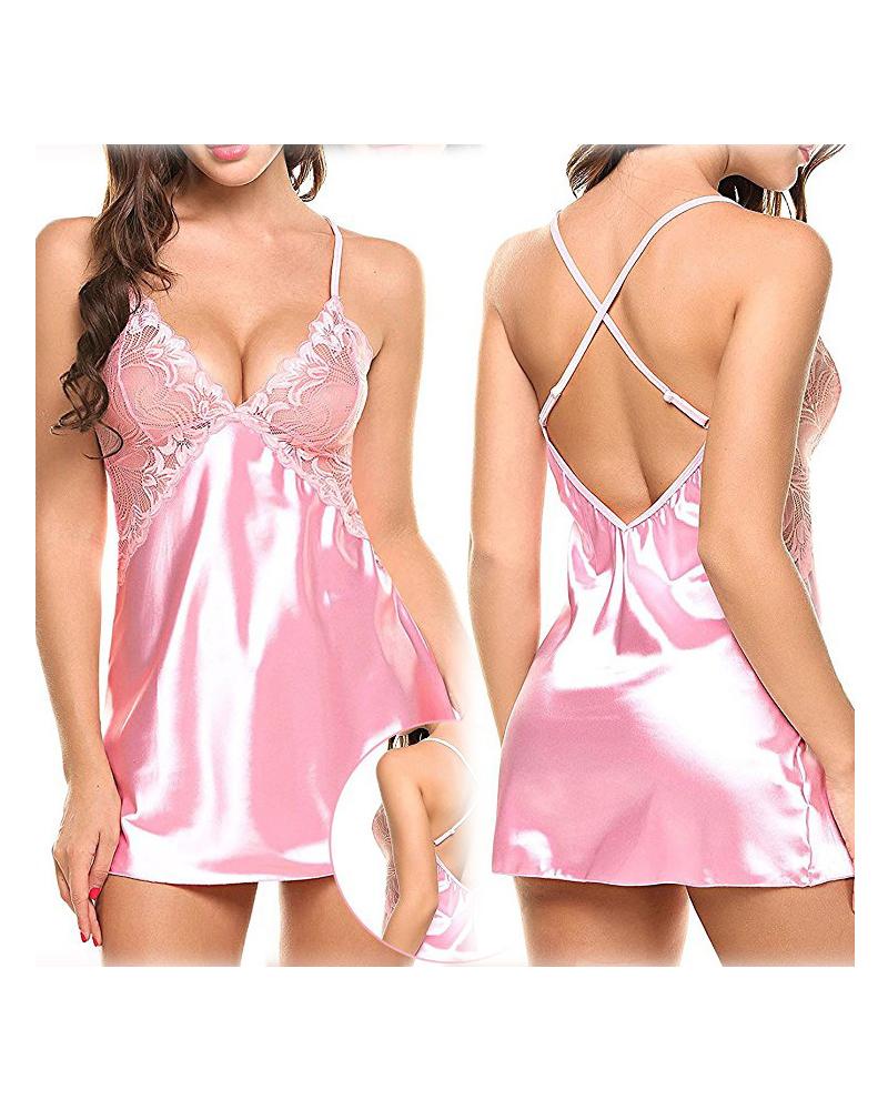 

Crisscross Backless Crochet Lace Satin Nightgown, Pink