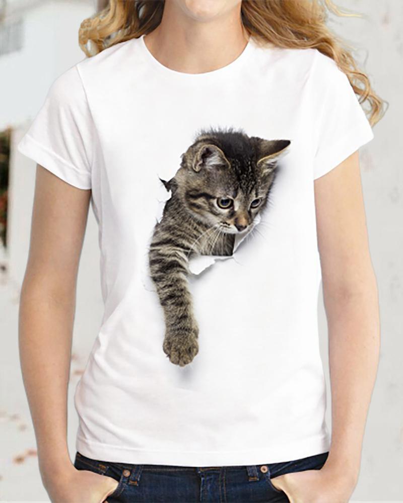 

Cat Print Short Sleeve T-Shirt, Style5