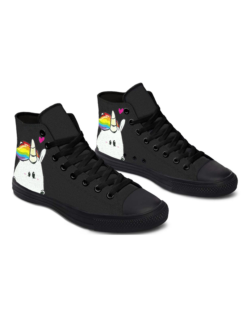 

Womens Cute Unicorn Print Lace-up High Top Canvas Casual Shoes, Black