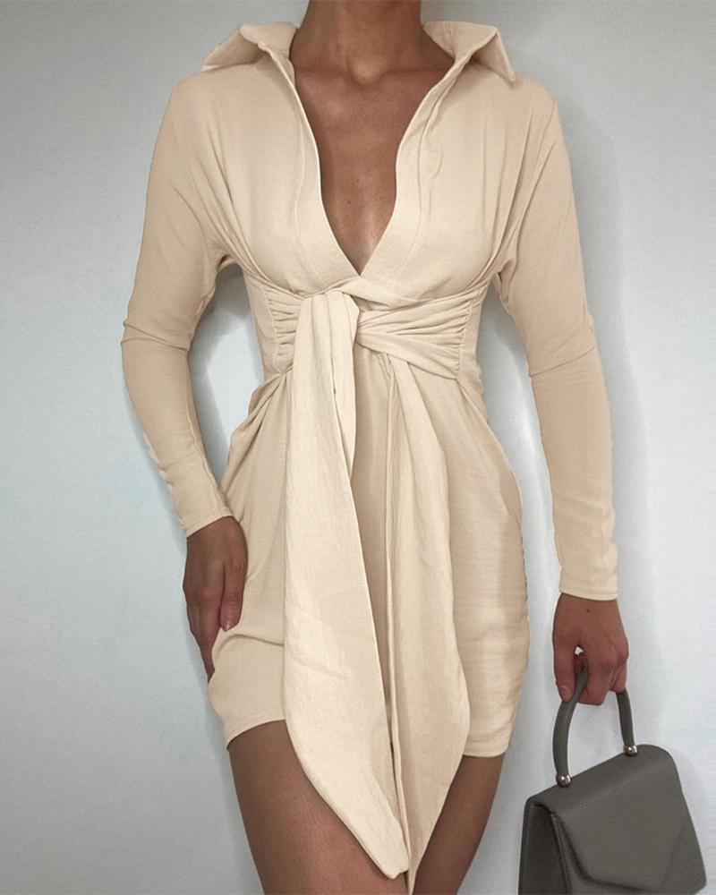 

Long Sleeve Tied Detail Bodycon Dress, Apricot