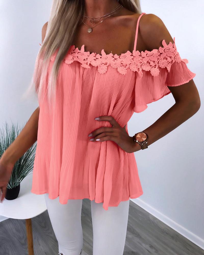 

Contrast Lace Cold Shoulder Short Sleeve Ruched Blouse Casual Loose Fit Top, Pink