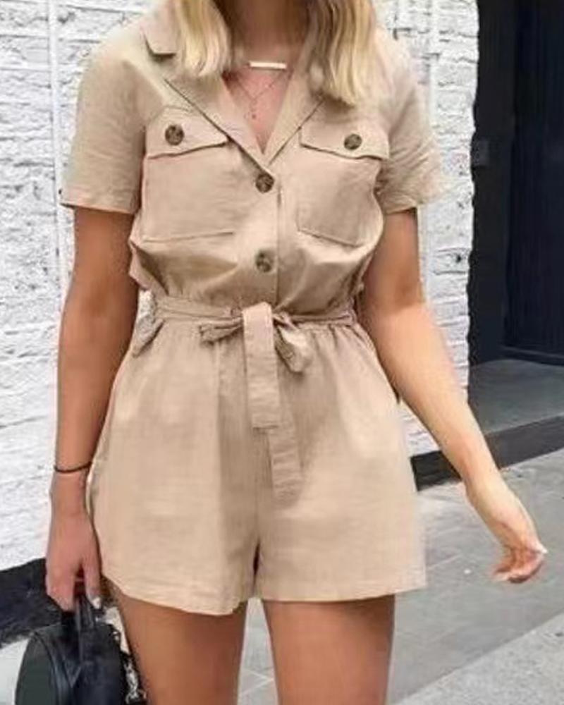 

Pocket Design Tied Detail Buttoned Romper, Khaki