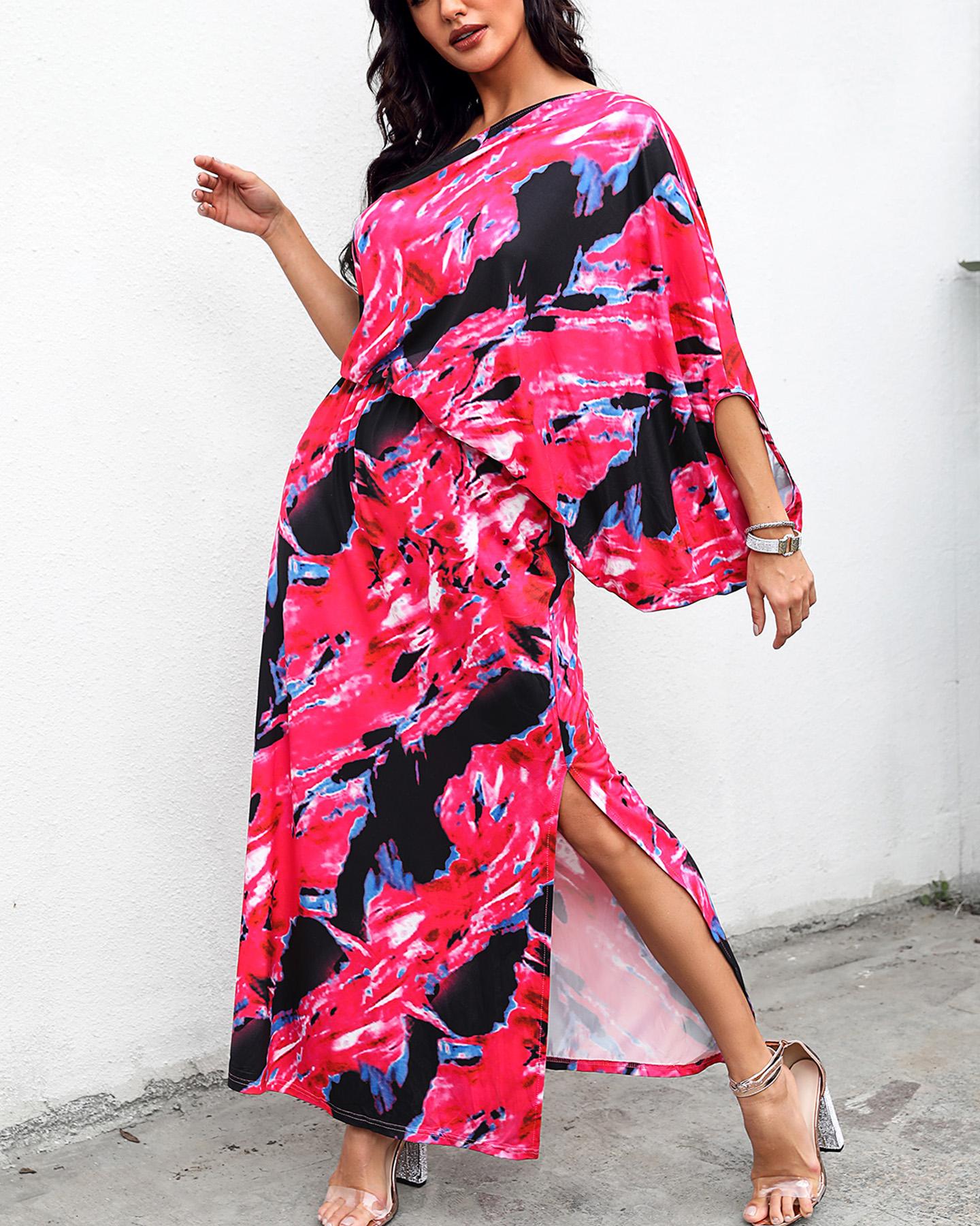 

Abstract Print One shoulder Slit Dress, Hot pink
