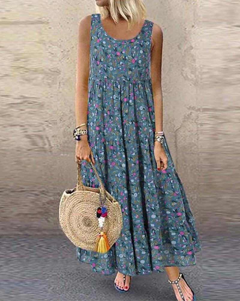 

Floral Leaf Print Sleeveless Maxi Dress, Blue