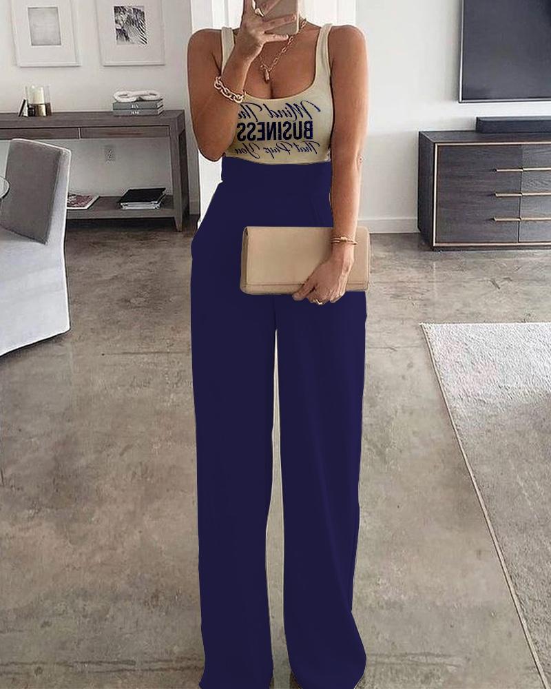 

Thick Strap Letter Print Colorblock Jumpsuit, Purplish blue