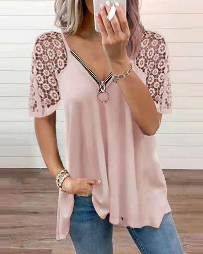 

Guipure Lace Sleeve Zipper Design Top, Pink