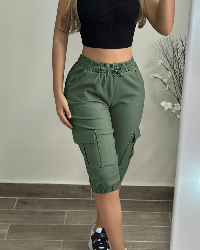 

Side Pockets Drawstring Waist Cropped Cargo Pants, Army green