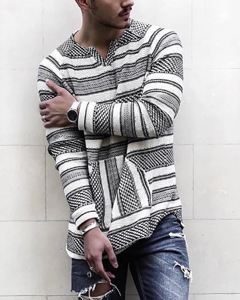 

Striped V Neck Long Sleeve Shirt, Gray