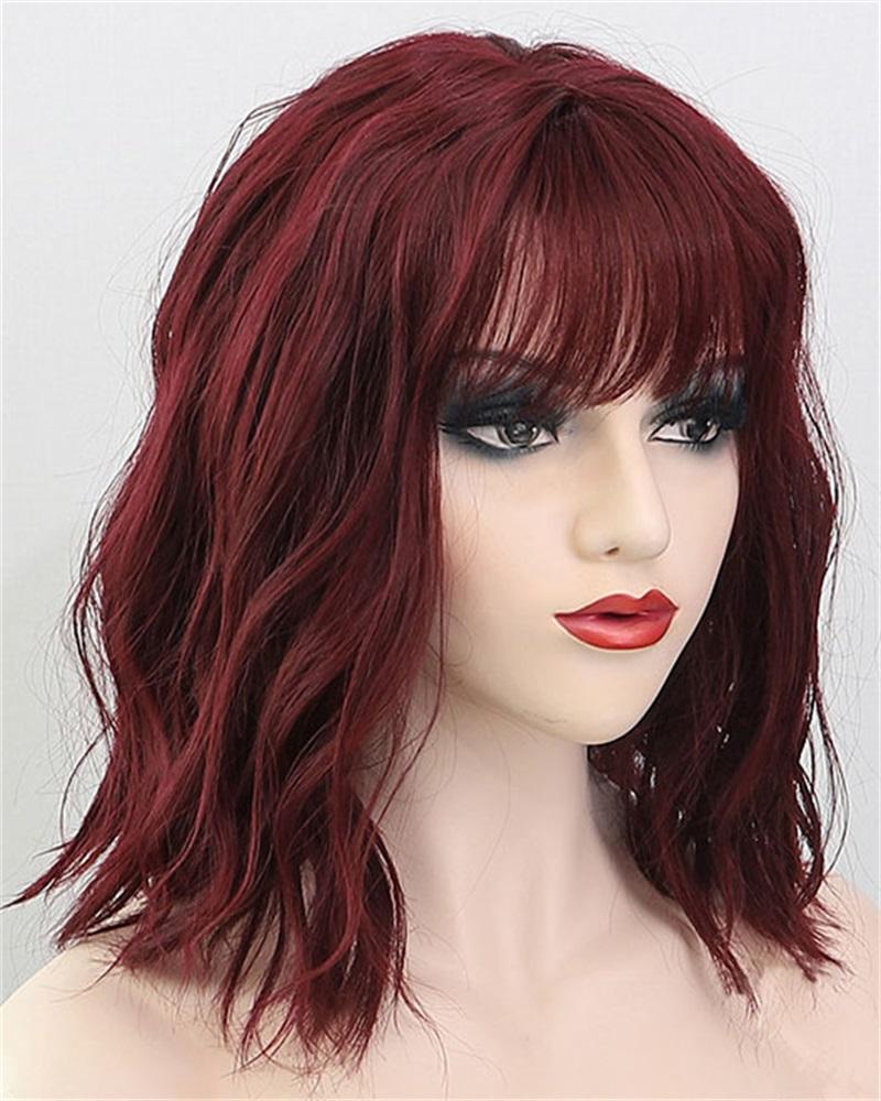 

Short Curly Hair Wig Shoulder Length Natural Looking Synthetic Wavy Bob Wigs With Bangs, Wine red