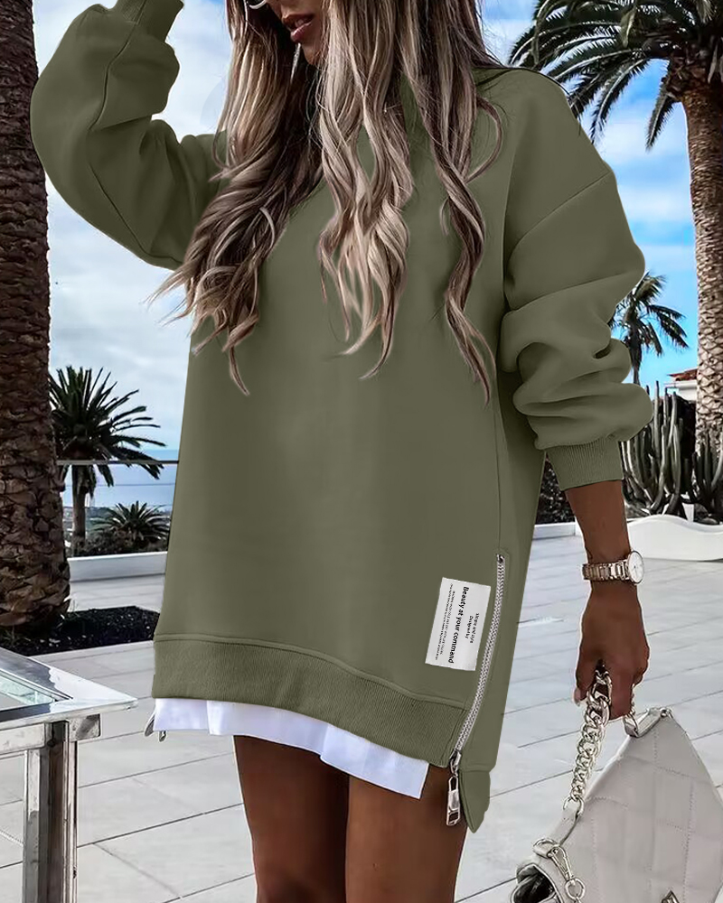 

Long Sleeve Pullover Sweatshirt Zipper Slit Casual Dress, Army green