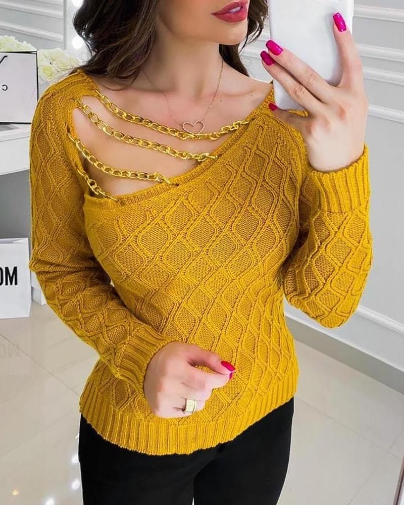 

Asymmetrical Neck Chain Strap Knit Sweater, Dark yellow