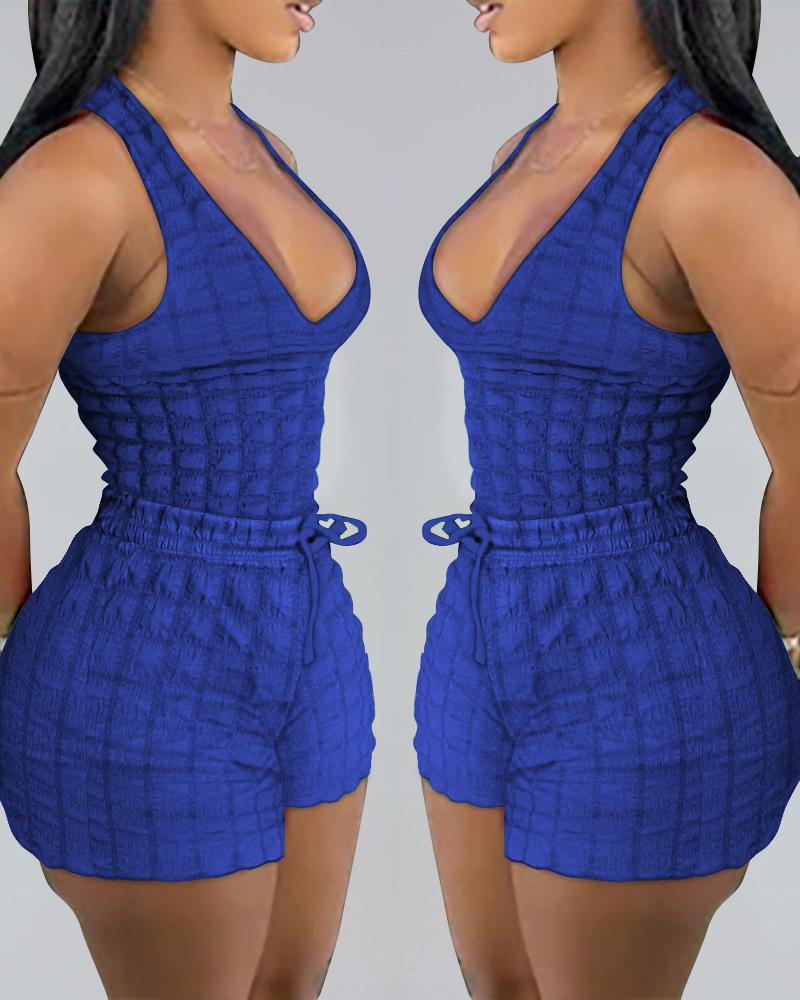 

Textured Casual Tank Top & Drawstring Shorts Set, Dark blue