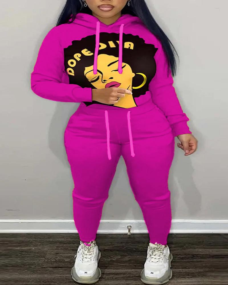 

Figure Print Hooded Sweatshirt & Drawstring Pants Set, Hot pink