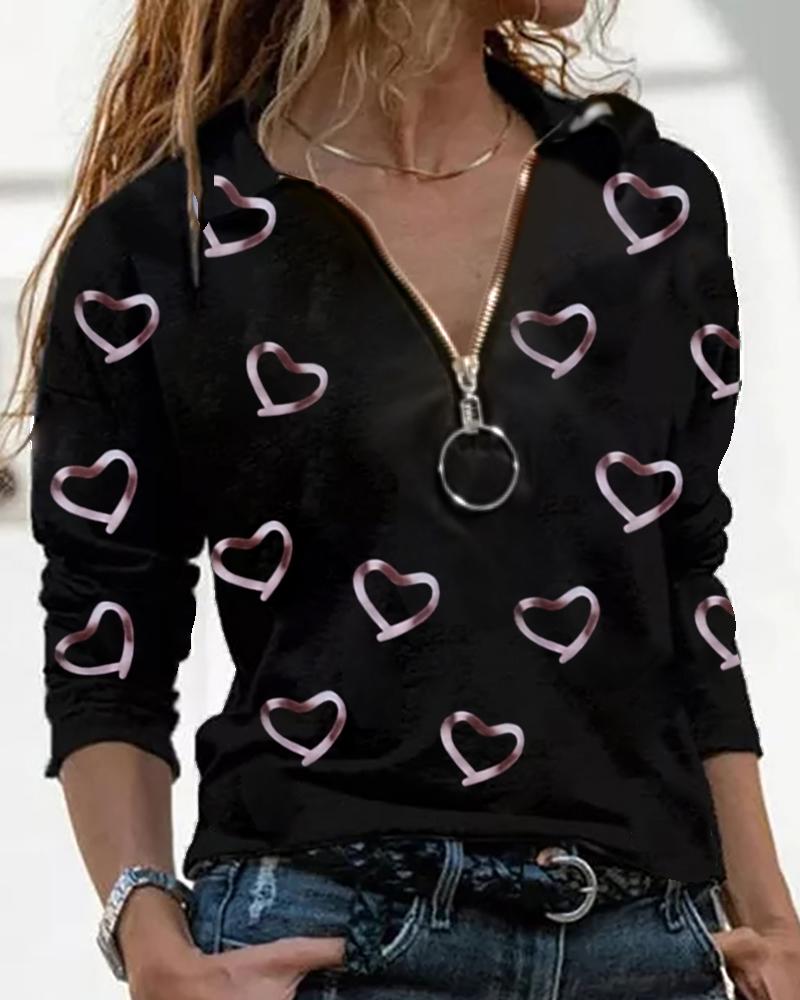 

Heart Print Zipper Front Long Sleeve Top, Black