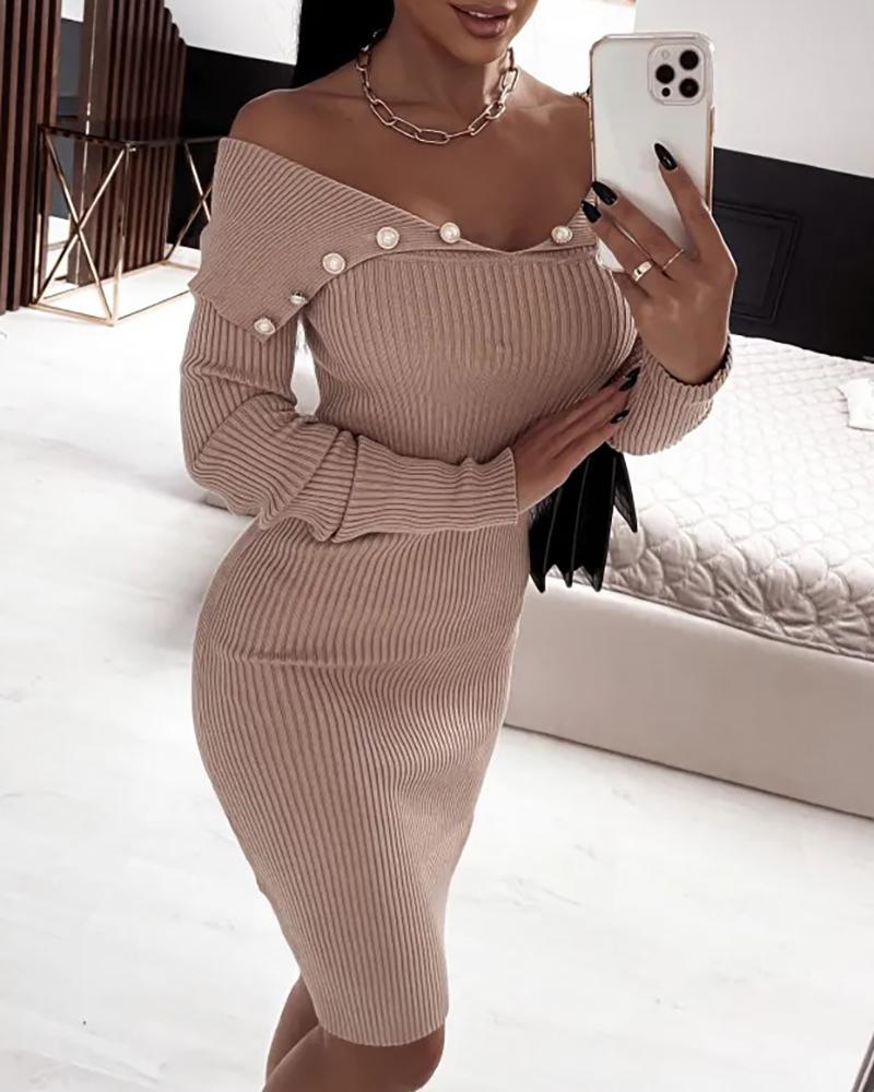 

Knit Off Shoulder Pearls Decor Bodycon Dress, Khaki