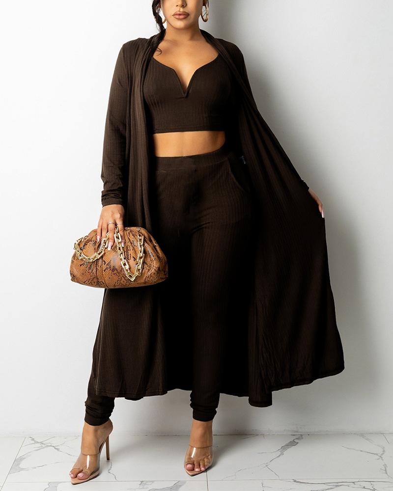 

Ribbed Notched Crop Tank Top & Pants With Longline Cardigan Set, Brown