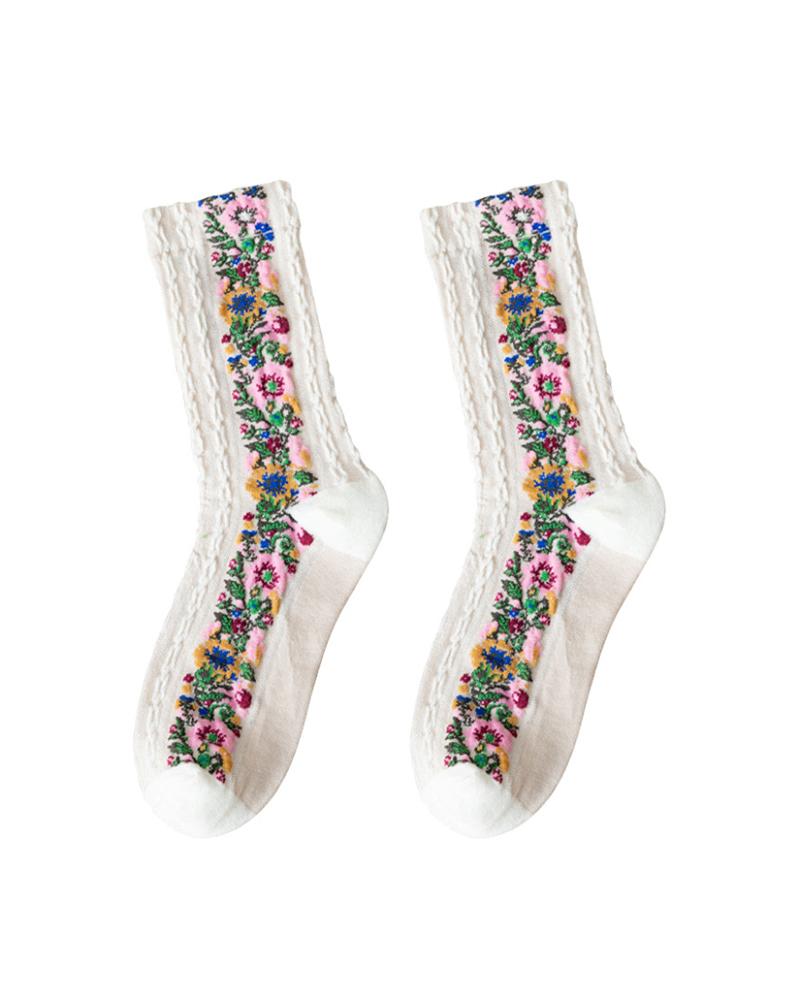 

1Pair Floral Print Crew Socks, White