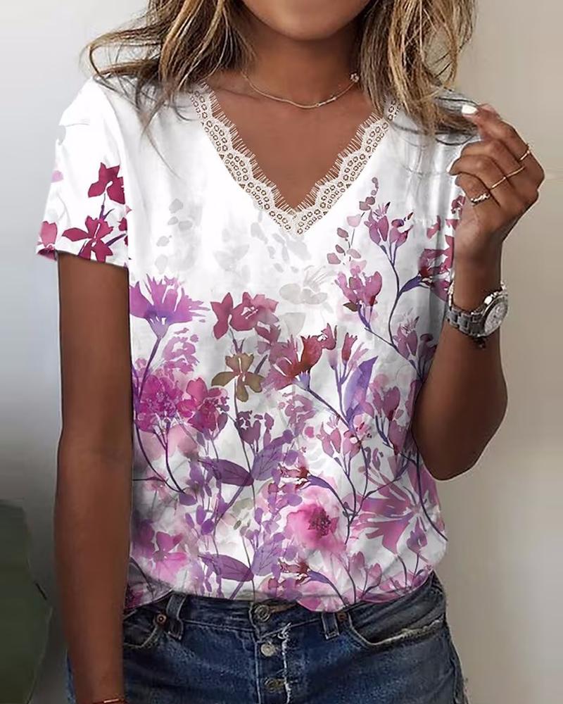 

Plants Print Lace Trim Casual T-shirt, Purple