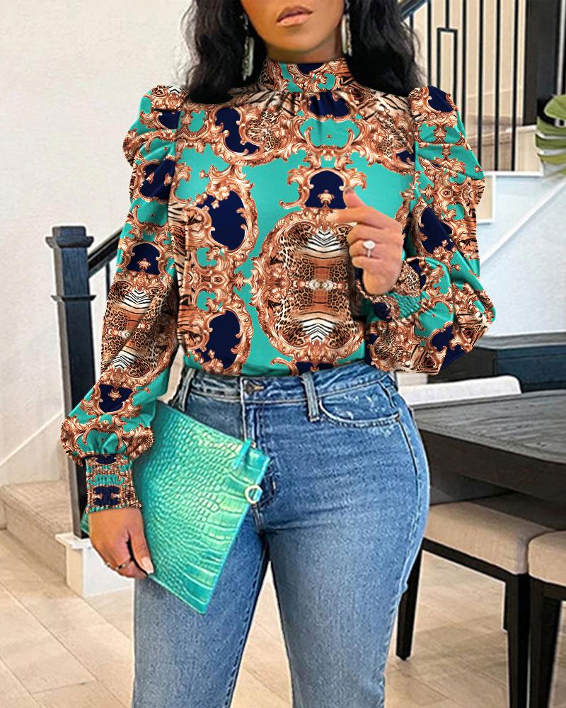 

Baroque Print Tie Back Shirred Puff Sleeve Top, Green