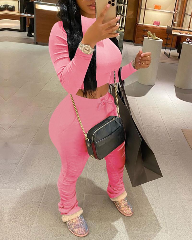 

Plain Long Sleeve Top & Ruched Pant Set, Pink
