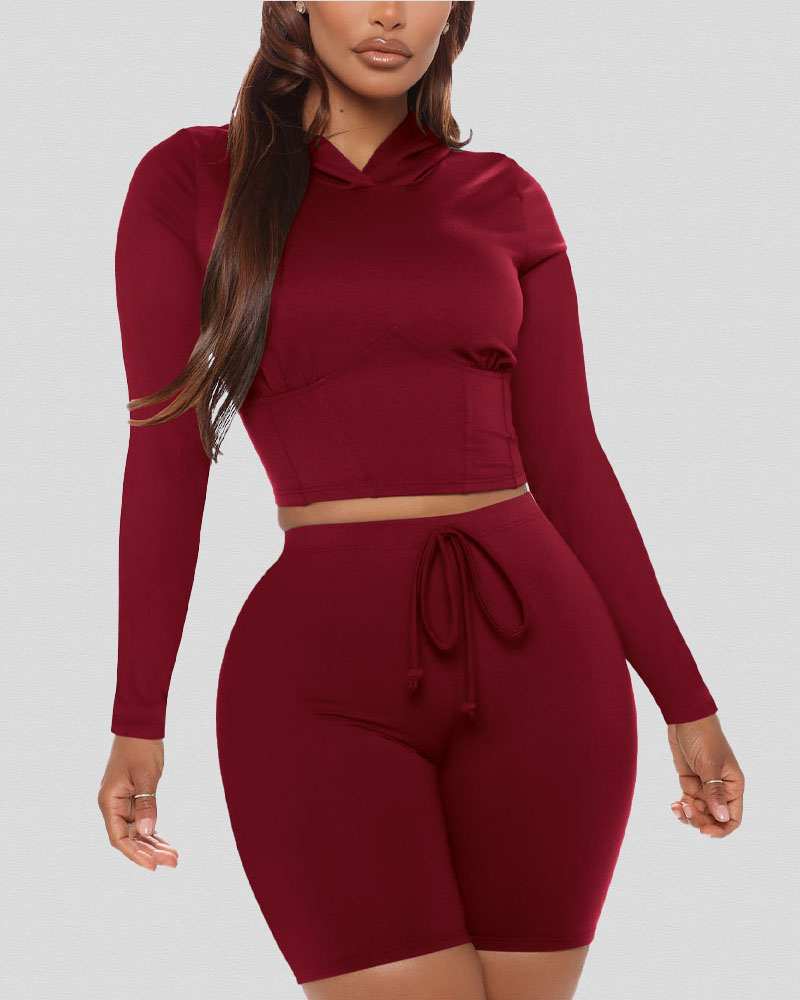 

Hooded Long Sleeve Corset Top & Drawstring Biker Shorts Set, Wine red