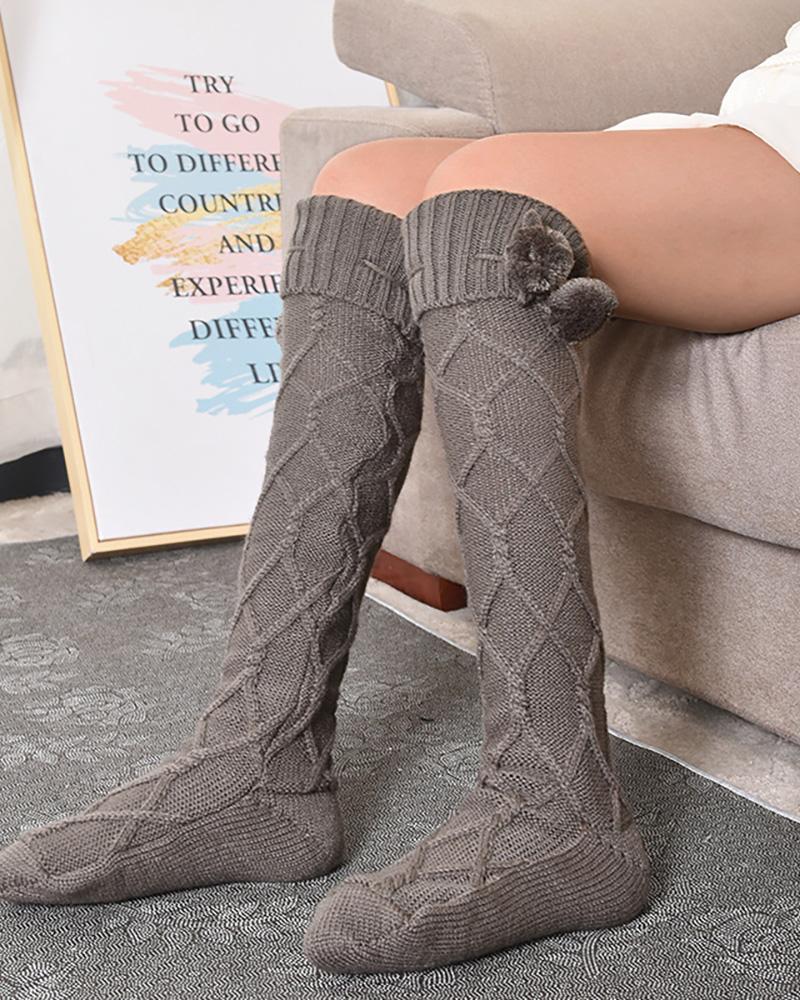 

1Pair Pom Pom Braided Knee Length Socks, Dark grey