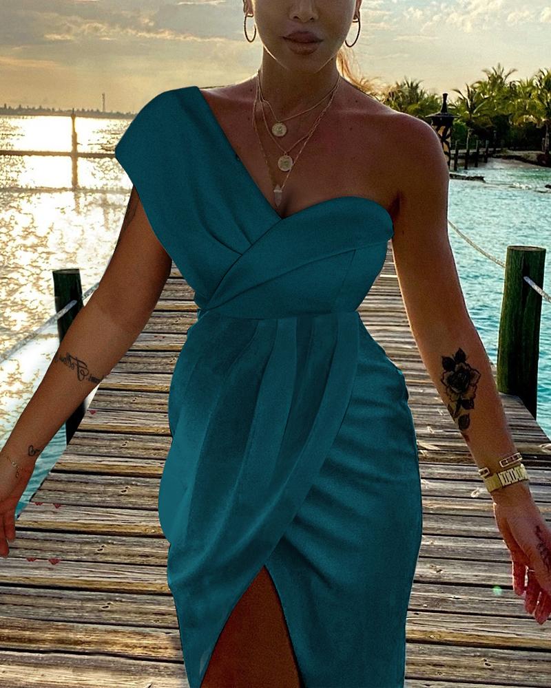 

Solid One Shoulder Ruched Split Thigh Party Dress, Green