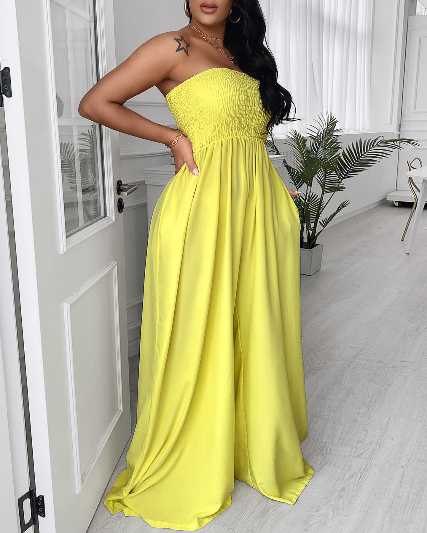 

Pocket Design Shirring Detail Bandeau Wide Leg Jumpsuit, Yellow