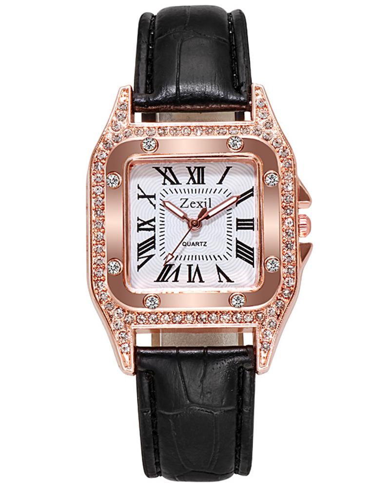 

Rhinestone Decor Square Quartz Watch, Black