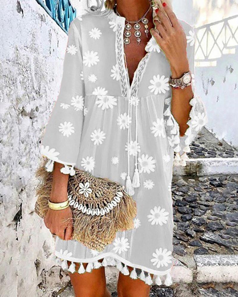 

Daisy Print Tassel Design Casual Dress, Gray