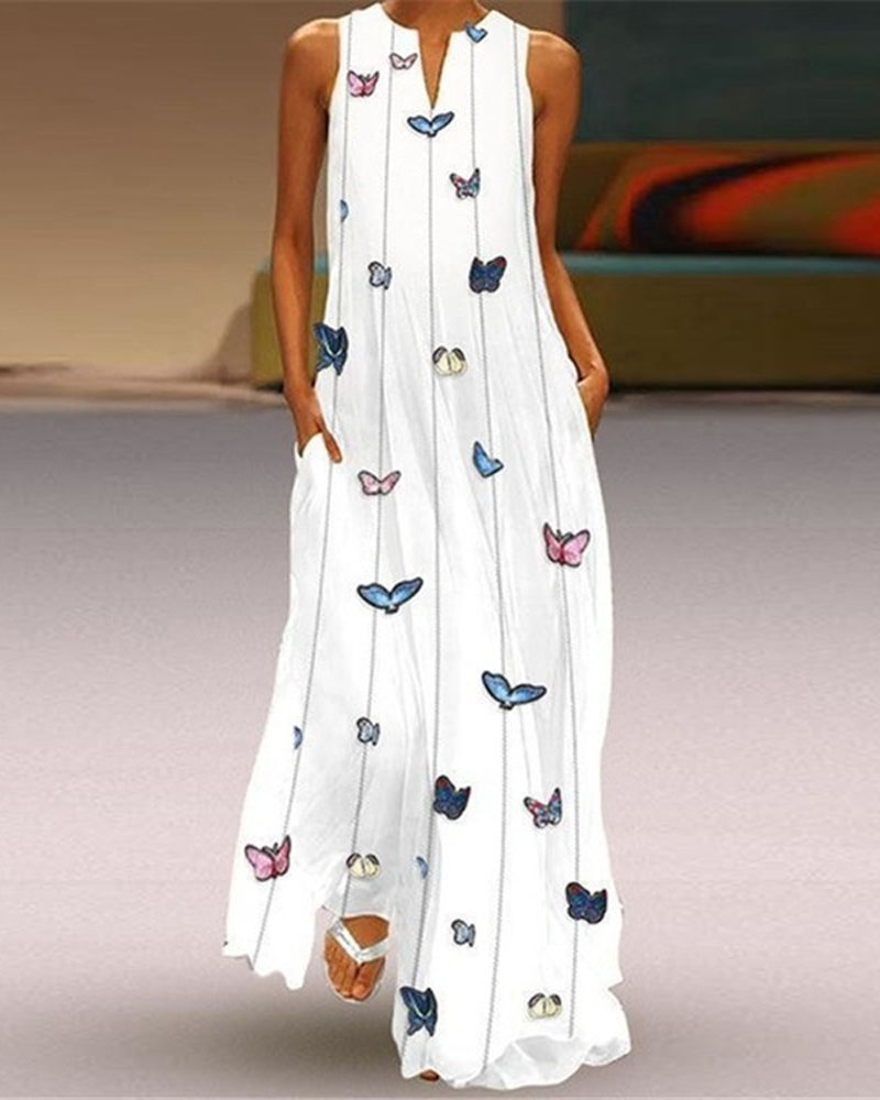 

Butterfly Print Pocket Detail Casual Dress, White