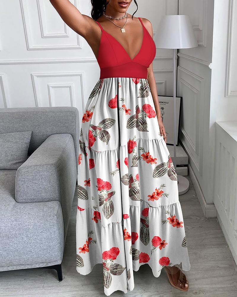 

Shirring Detail Ruched Colorblock Floral PrinCasual Maxi Dress, Red