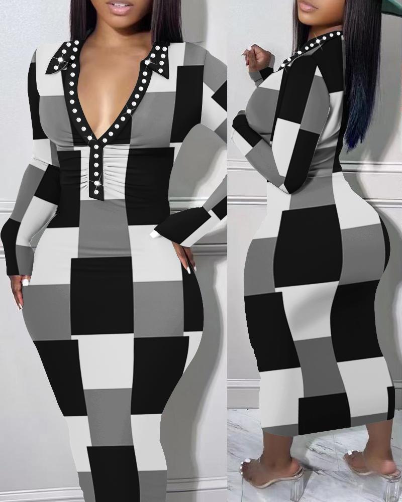 

Geometric Print Long Sleeve Ruched Bodycon Dress, Black