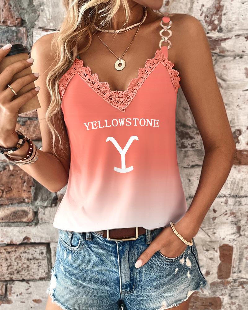 

Yellowstone Graphic Print Ombre Lace Patch Tank Top, Orange