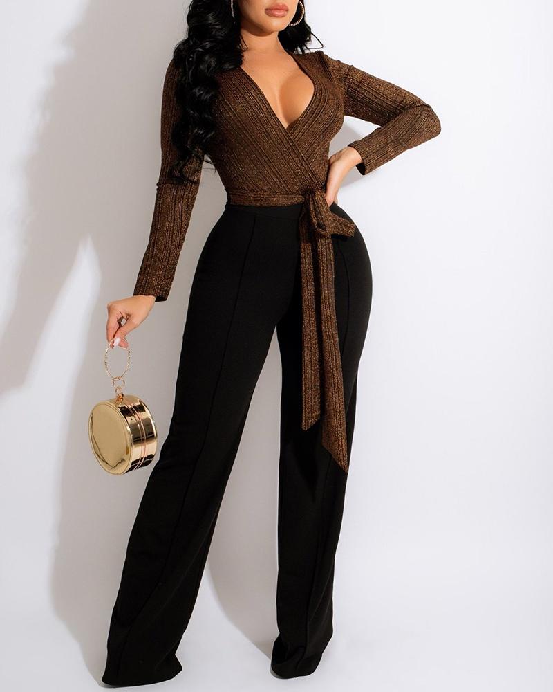 

V-Neck Tied Detail Wide Leg Jumpsuit, Brown