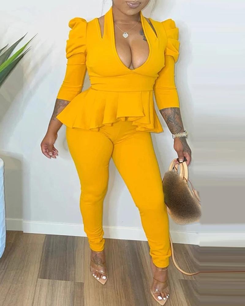 

Plunge Puff Sleeve Ruffles Top & Pants Set, Yellow