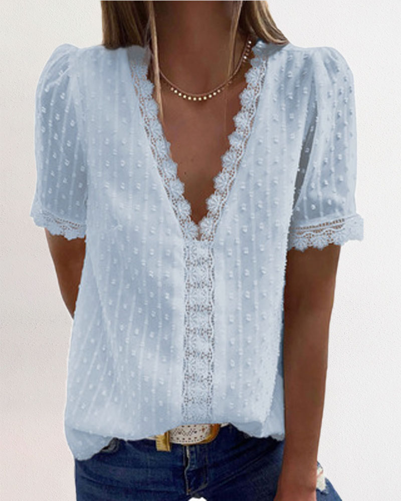 

Contrast Lace Swiss Dot Puff Sleeve Chiffon Top, Lighted blue