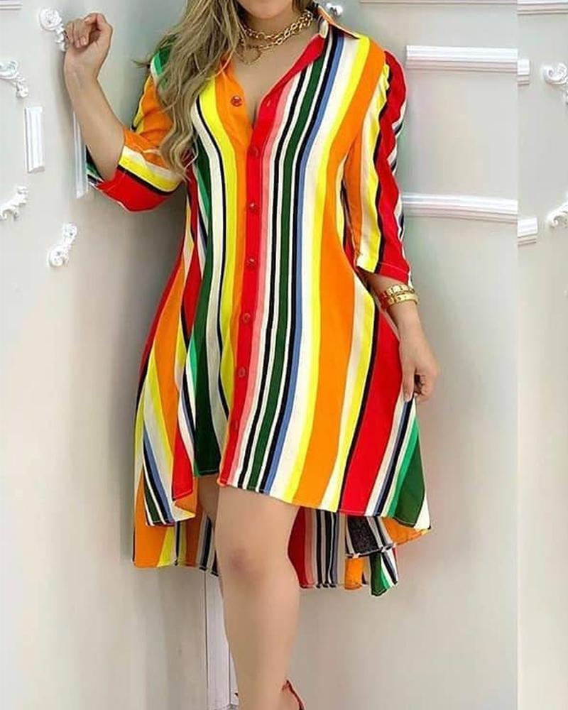 

Colorful Striped High Low Button Front Shirt Dress, Multicolor