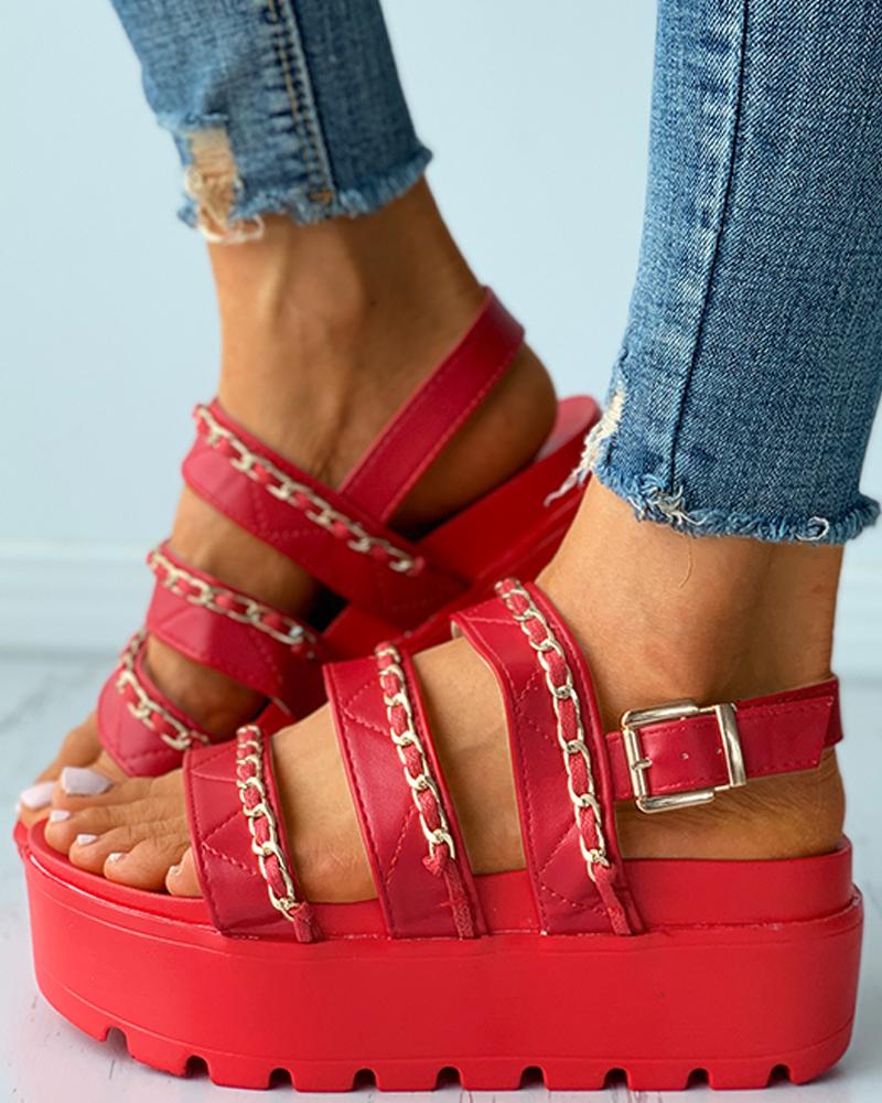 

Chain Strap Buckled Slingback Platform Flat Sandals, Red