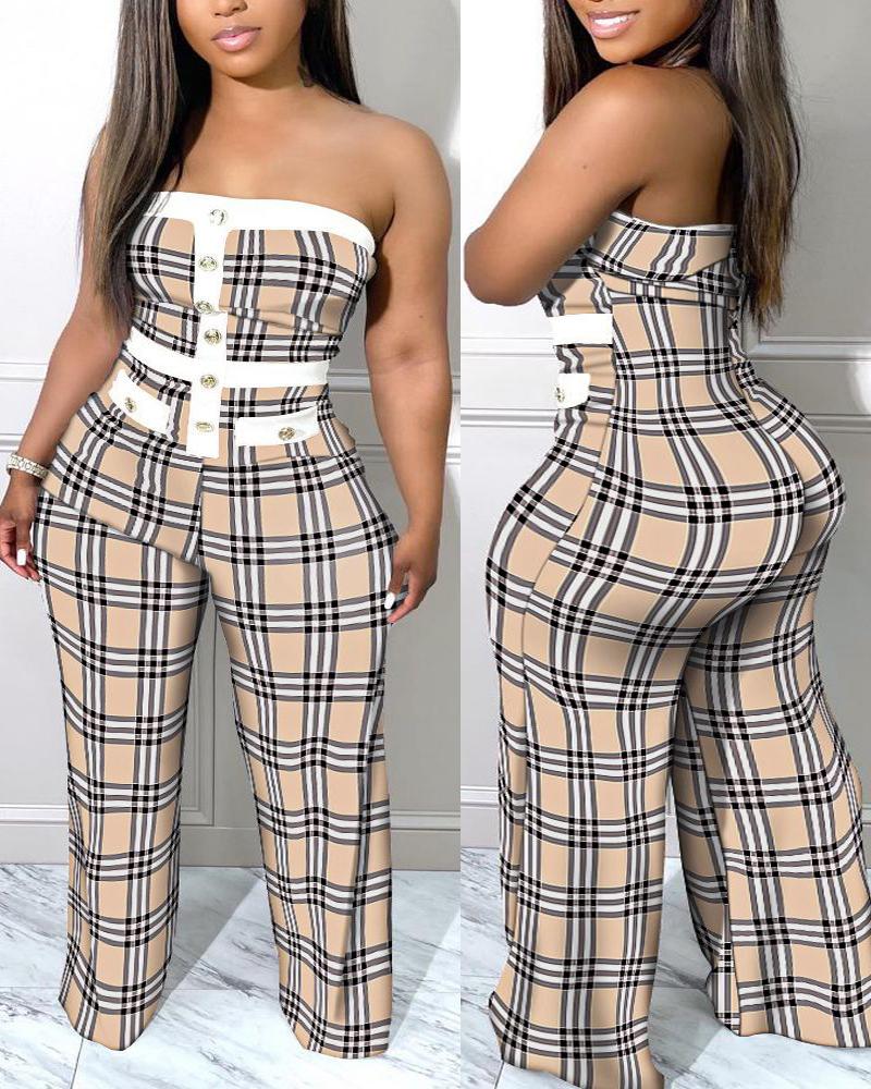 Plus Size Plaid Print Bandeau Wide Leg Jumpsuit