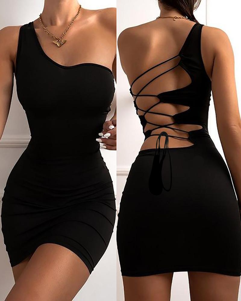 

One Shoulder Lace Up Backless Bodycon Dress, Black