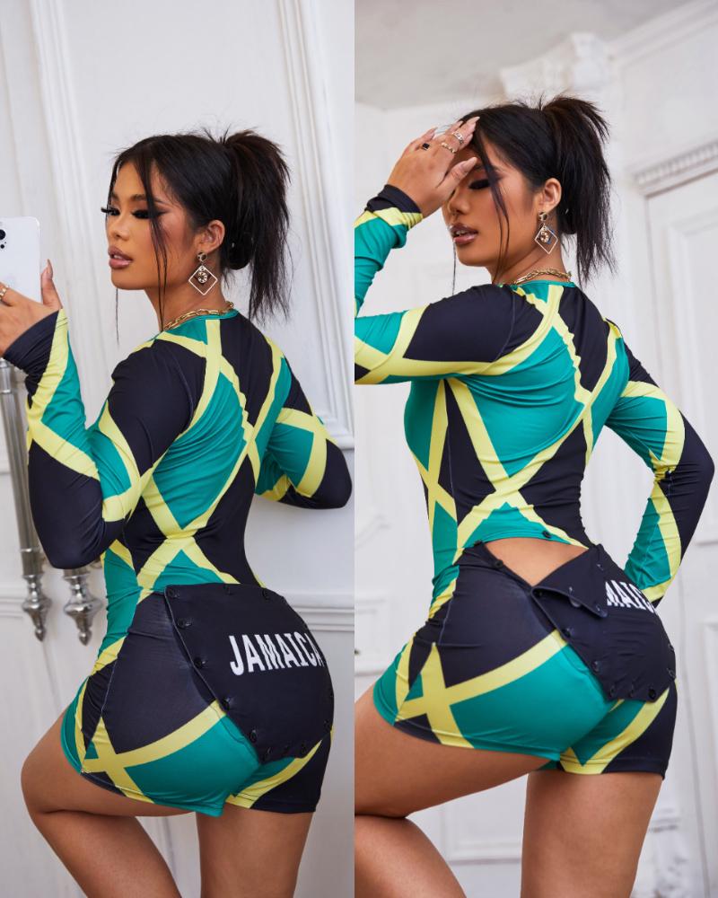 

Colorblock Long Sleeve Functional Button Design Skinny Romper, Multicolor
