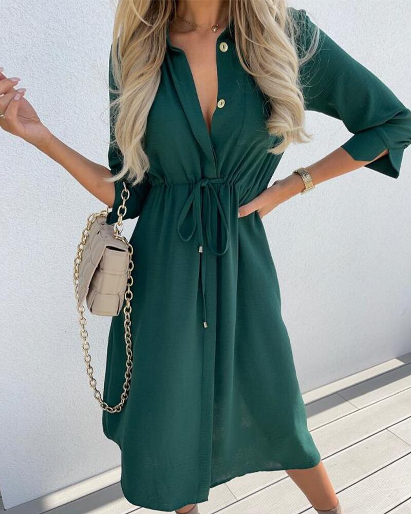 

Drawstring Waist Button Front Casual Dress, Green