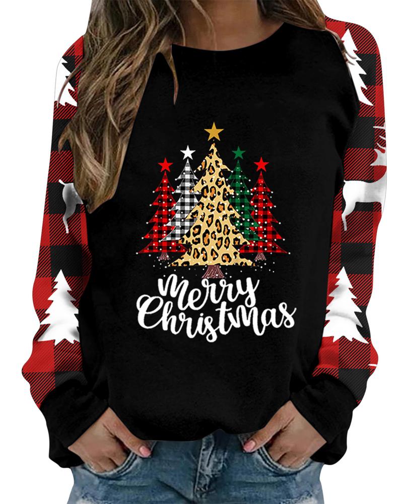

Christmas Tree Elk Plaid Print Casual Top, Black
