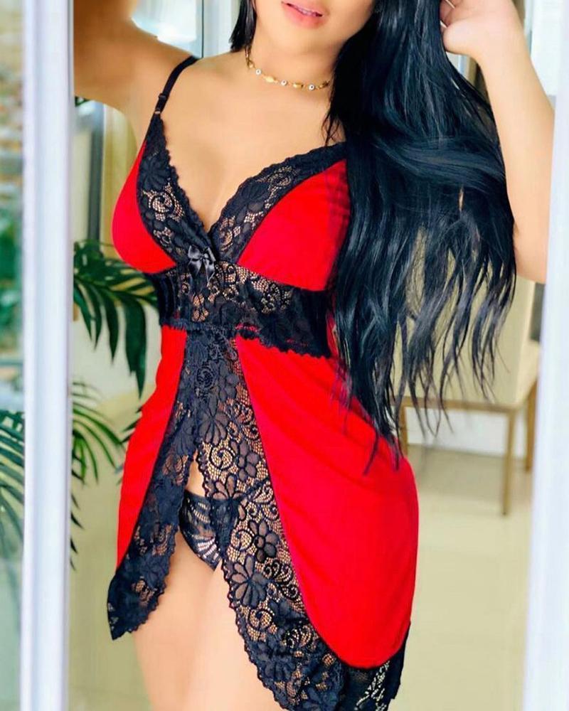

Crochet Lace Patch Slit Babydoll With Panty, Red